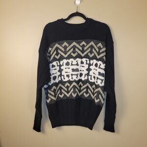 Adam Sloane Vintage Geometric Knit Sweater Mens L Black Cream Made‎ Korea